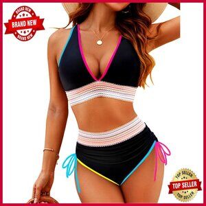 High Waisted Bikini Set Tummy Control Two Piece Drawstring Swimwear Y2K
